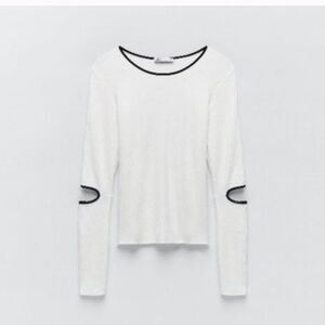 Zara White Ribbed Elbow Cut Long Sleeve Sweater Size Small